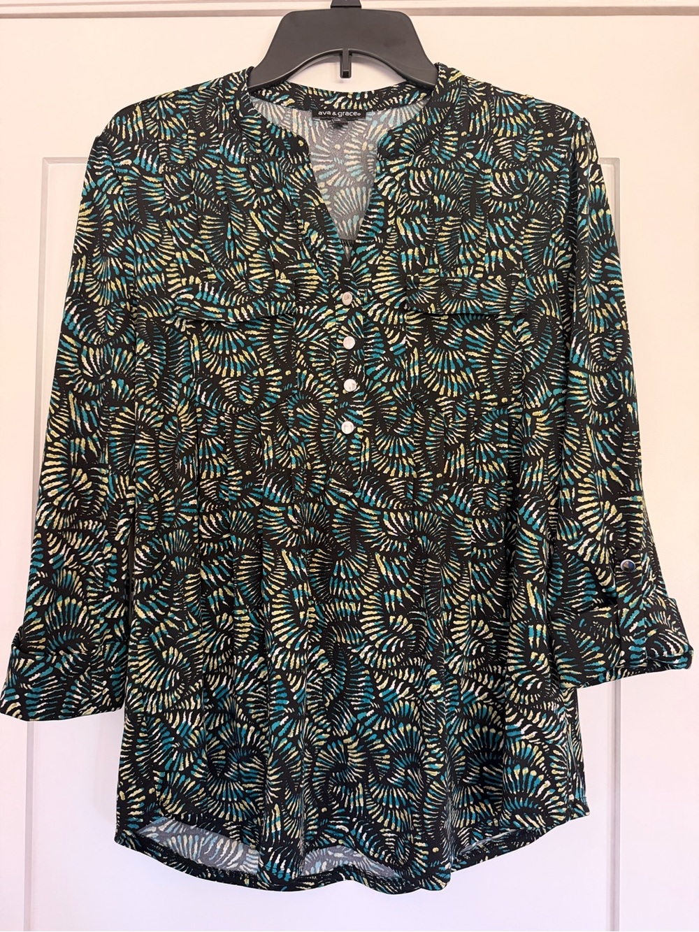 Ava & Grace Black Blouse with Teal and Green Abstract Print Size S